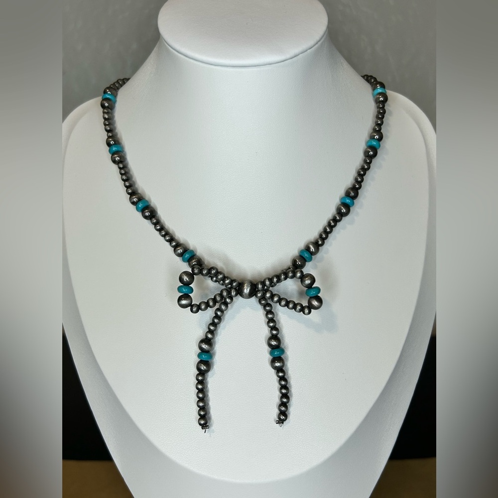 Woman’s Turquoise Bow Necklace - Picture 2 of 3